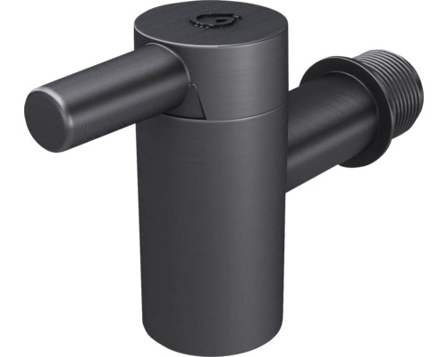 Robinet équerre en métal noir mat avec poignée cylindrique et raccord fileté.