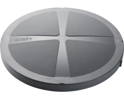 Couvercle rond gris en plastique pour réservoirs d'eau de pluie avec 4rain Logo.