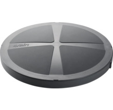 Couvercle rond en plastique pour réservoirs d'eau de pluie avec motif en croix sur la surface et 4rain Logo.