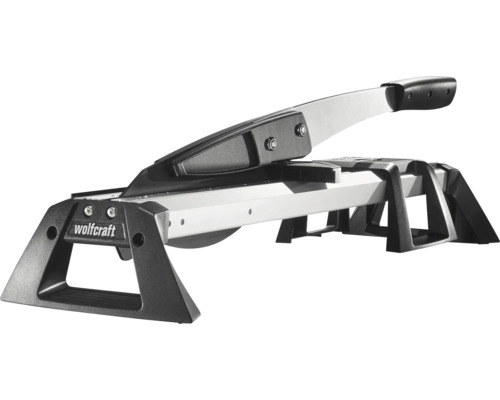 Coupe-stratifié Wolfcraft en métal et plastique argenté et noir avec poignée et cadre stable.