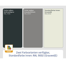 Verfügbare Farben: aussen Anthrazitgrau RAL 7016, aussen Graualuminium RAL 9007, Standardfarbe innen Grauweiss RAL 9002