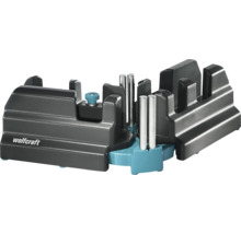 Boîte à onglets et fausse équerre Wolfcraft en plastique avec tiges de guidage en métal pour un sciage précis des angles.