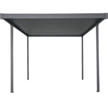 Metall-Pavillon mit rechteckiger Dachfläche und vier Stützpfosten.