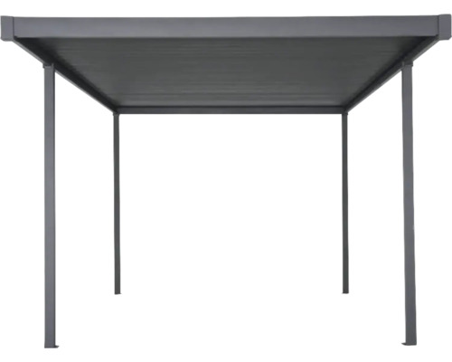 Metall-Pavillon mit rechteckiger Dachfläche und vier Stützpfosten.