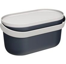 Boîte de rangement ovale en plastique avec couvercle et poignée de transport en bleu et gris.