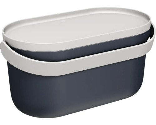 Boîte de rangement ovale en plastique avec couvercle et poignée de transport en bleu et gris.