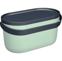 Boîte de rangement ovale en plastique avec couvercle et poignées, vert menthe et anthracite.