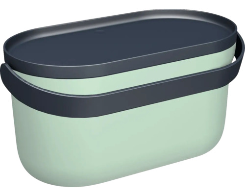 Boîte de rangement ovale en plastique avec couvercle et poignées, vert menthe et anthracite.