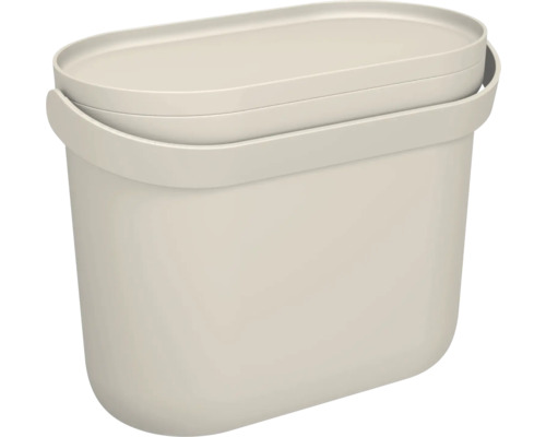 Boîte en plastique beige avec couvercle et poignée de transport.