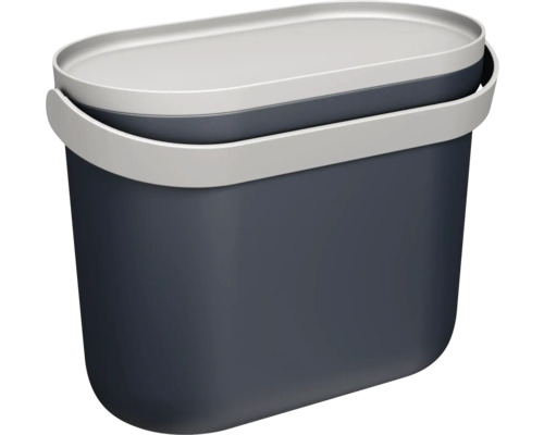 Seau ovale en plastique anthracite avec couvercle gris clair et poignée de transport.
