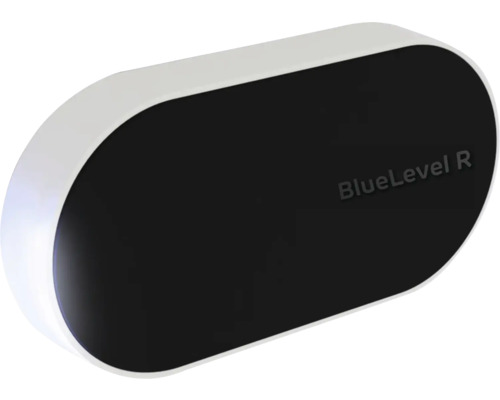 Capteur de niveau ovale BlueLevel R avec face avant noire et boîtier blanc.