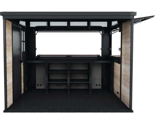 Bar de jardin ouverte avec étagères et portes latérales