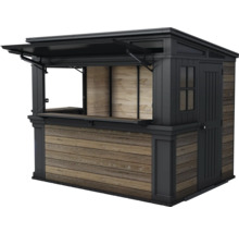 Stand de vente avec revêtement en bois et fenêtre rabattable