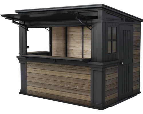 Stand de vente avec revêtement en bois et fenêtre rabattable