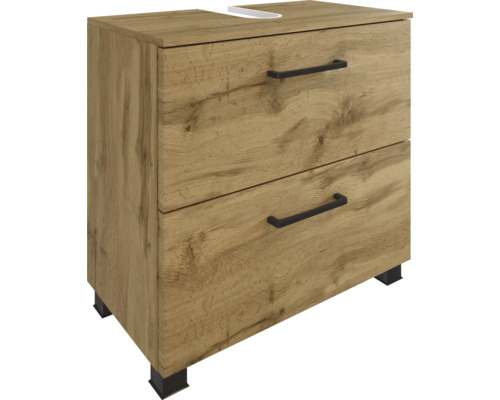 Meuble sous-vasque aspect chêne avec deux tiroirs, poignées noires et découpe pour siphon.