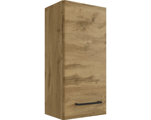Meuble haut en aspect chêne avec une poignée horizontale noire en bas.