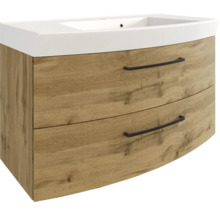 Waschbeckenunterschrank mit Waschbecken, Eiche-Optik, zwei Schubladen mit schwarzen Griffen und geschwungener Front.