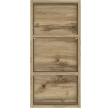 Module d étagère ouverte en bois avec trois compartiments aspect chêne.