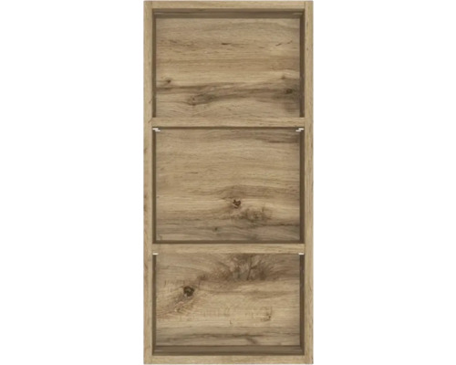 Module d étagère ouverte en bois avec trois compartiments aspect chêne.