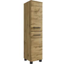 Armoire haute de salle de bain aspect chêne avec deux portes, poignées noires et pieds noirs.
