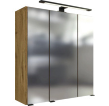 Armoire de toilette à trois portes avec corps aspect chêne et une applique LED.