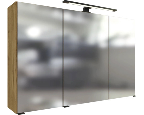 Armoire de toilette à trois portes avec éclairage LED et corps en bois aspect chêne.