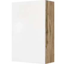 Armoire murale avec façade blanche et caisson aspect bois.