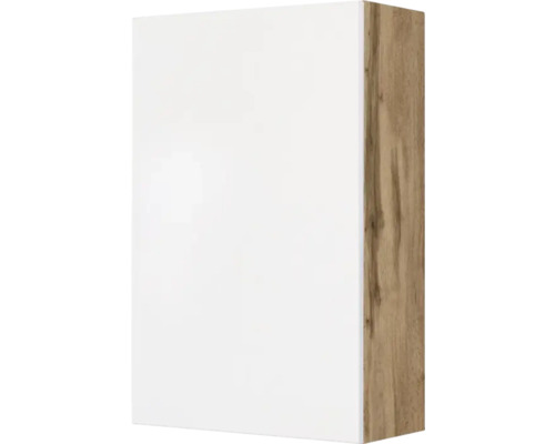 Armoire murale avec façade blanche et caisson aspect bois.