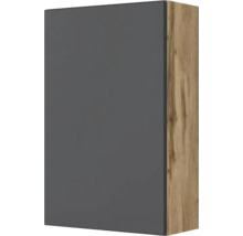 Meuble haut de cuisine avec façade grise et corps aspect chêne.