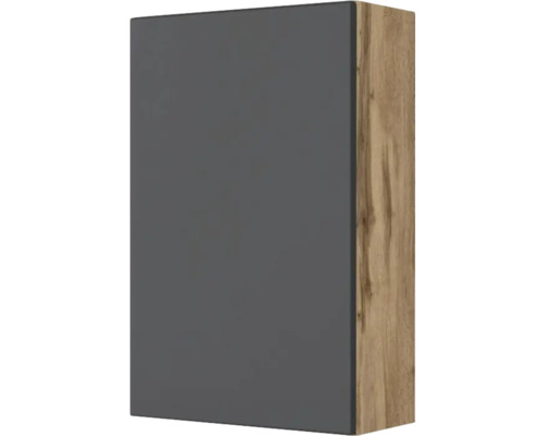 Meuble haut de cuisine avec façade grise et corps aspect chêne.