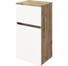 Meuble de salle de bain avec deux façades blanches et corps aspect chêne, design sans poignée.