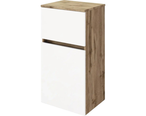 Meuble de salle de bain avec deux façades blanches et corps aspect chêne, design sans poignée.