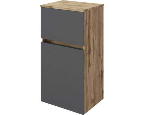 Meuble de salle de bains avec corps aspect chêne et deux façades anthracite, design sans poignée.