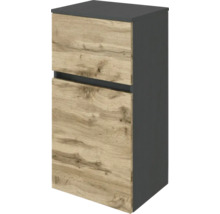 Meuble bas de salle de bains avec corps anthracite et façades aspect chêne.