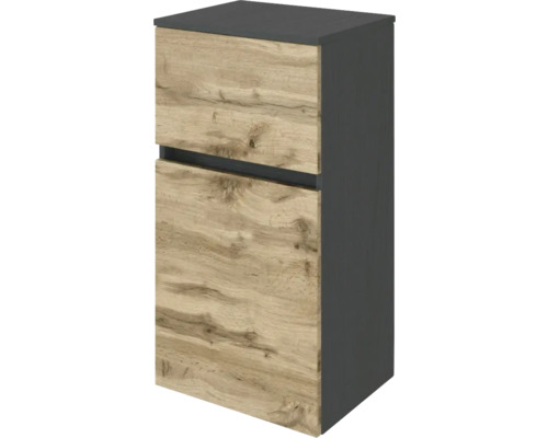 Meuble bas de salle de bains avec corps anthracite et façades aspect chêne.