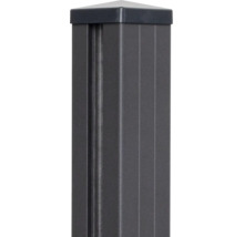Poteau de clôture carré en aluminium anthracite avec rainure pour éléments brise-vue et capuchon de poteau assorti.
