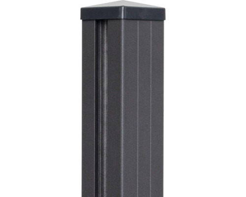 Poteau de clôture carré en aluminium anthracite avec rainure pour éléments brise-vue et capuchon de poteau assorti.