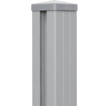Zaunpfosten aus Aluminium in Grau mit Nut für Sichtschutzelemente und Pfostenkappe.