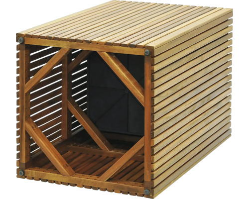 Holzbox mit Lamellenstruktur zur Aufbewahrung im Aussenbereich