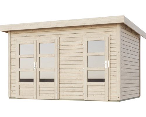 Abri de jardin en bois avec deux portes vitrées