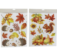 Zwei Blätter mit Herbstmotiven, darunter Blätter, Igel, Kürbisse und ein Eichhörnchen