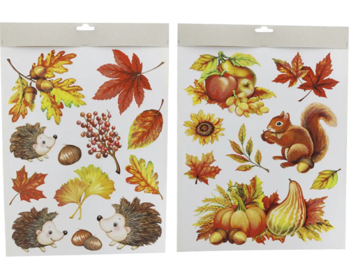 Zwei Blätter mit Herbstmotiven, darunter Blätter, Igel, Kürbisse und ein Eichhörnchen