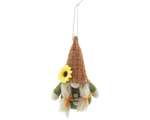 Hängender Zwerg mit Hut und Sonnenblume als Dekoration