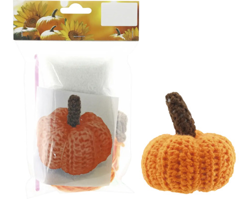 Häkelset Kürbis mit Garn und Füllmaterial in Verpackung