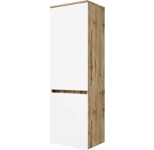 Armoire haute avec corps aspect chêne et deux portes blanches sans poignées.