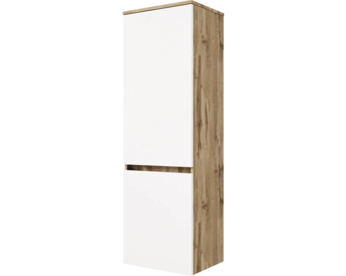 Armoire haute avec corps aspect chêne et deux portes blanches sans poignées.