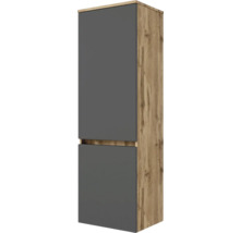 Armoire haute de salle de bain avec deux portes, corps en aspect bois chêne et façades en anthracite.