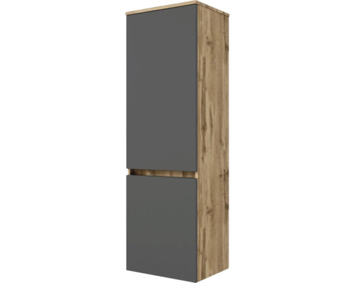 Armoire haute de salle de bain avec deux portes, corps en aspect bois chêne et façades en anthracite.