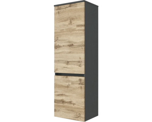 Armoire haute de salle de bain avec deux portes aspect chêne et corps anthracite.