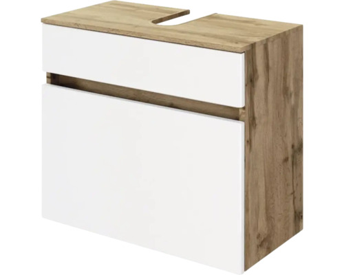 Meuble sous-vasque aspect chêne avec deux façades de tiroirs blanches et découpe pour siphon.